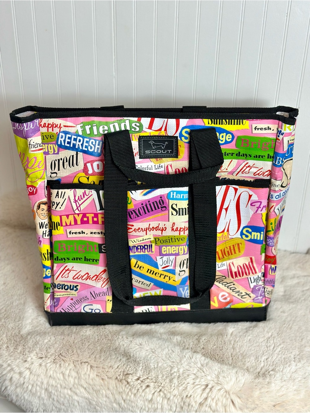 Scout Multicolor Positive Words Pocket Rocket Tote Bag with Black Trim